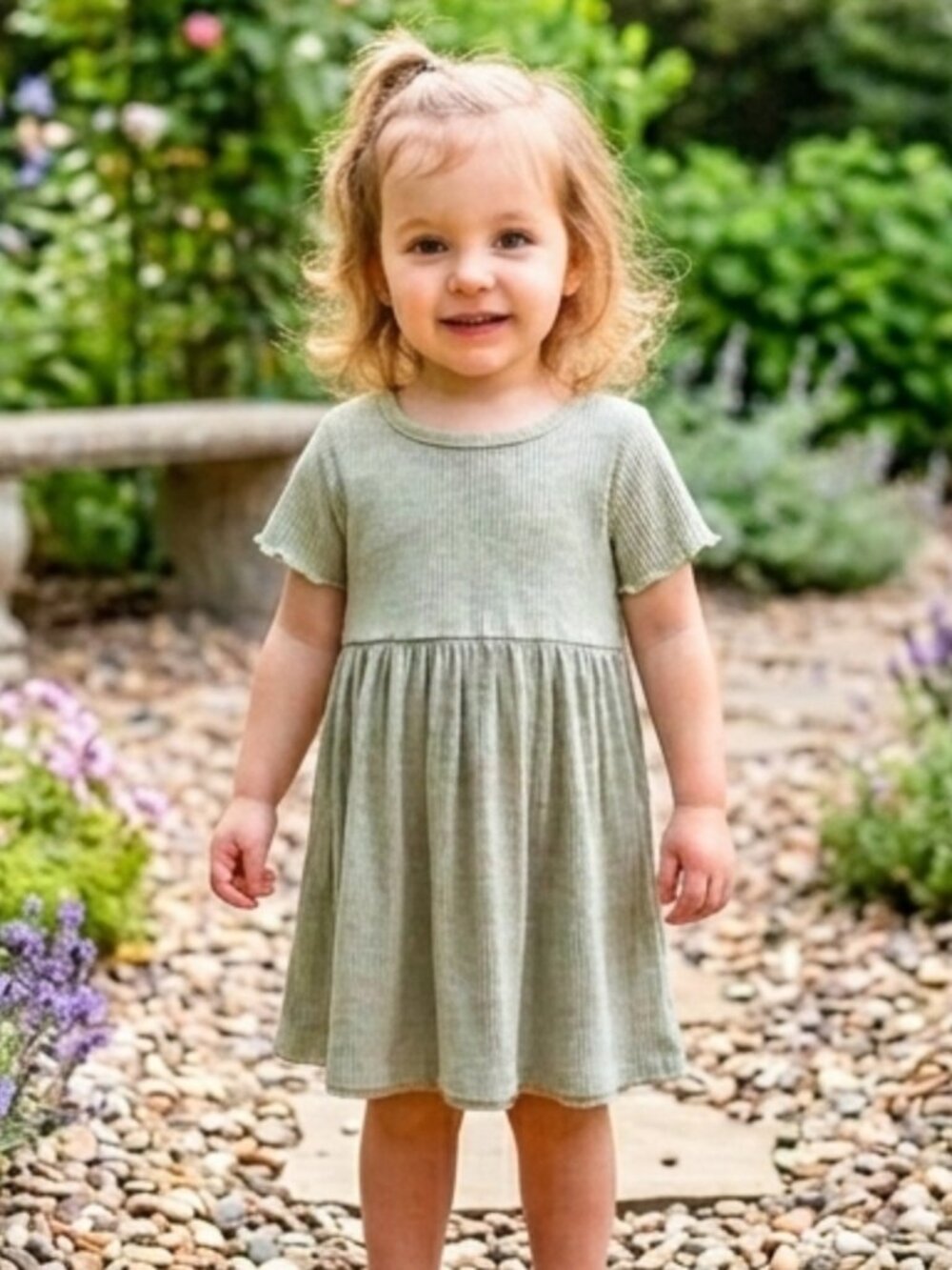 CAT & JACK Toddler Girls' Short Sleeve Olive Green Ribbed Dress - Size 2T NEW